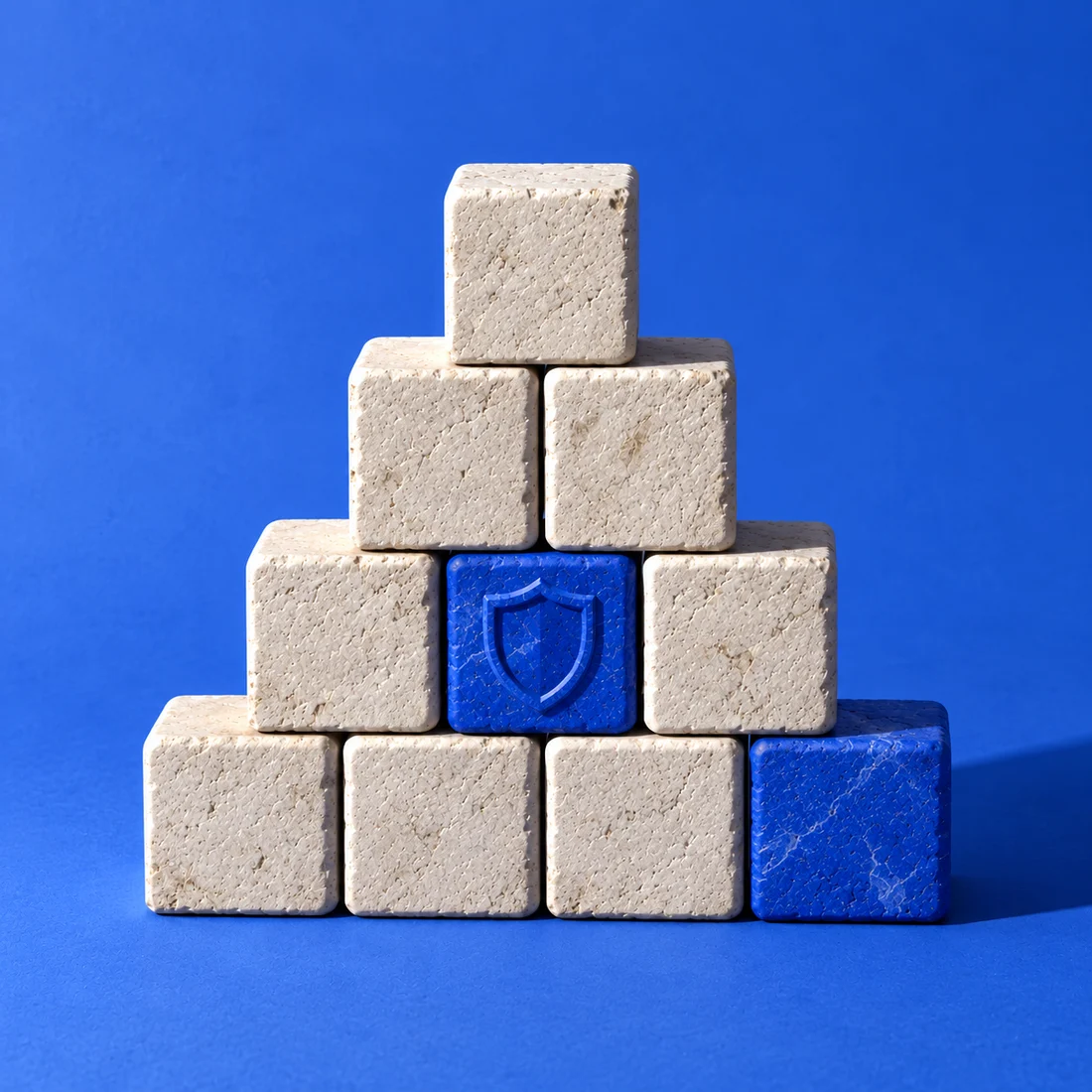 Une pyramide de blocs de pierre ; au cœur, un bloc bleu porte un bouclier